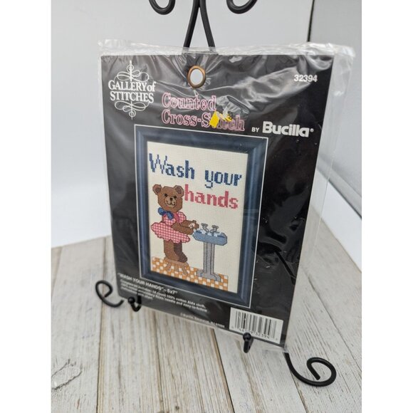 Bucilla Counted Cross-Stitch Kit "Wash Your Hands" 5"x7" Gallery Stitches Bear - Picture 1 of 7